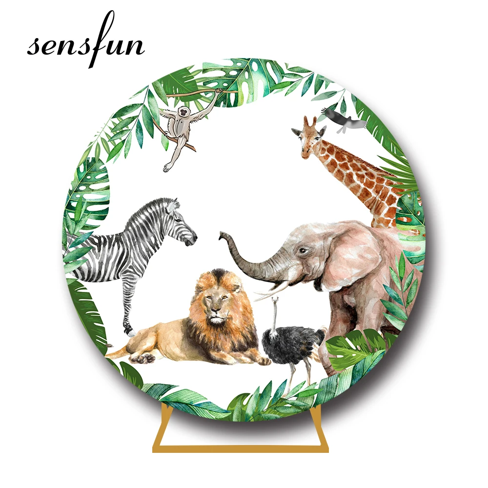 

Sensfun Wild Animals Elephant Lion Safari Jungle Round Backdrop Cover Green Leaves Boys Birthday Party Photography Background