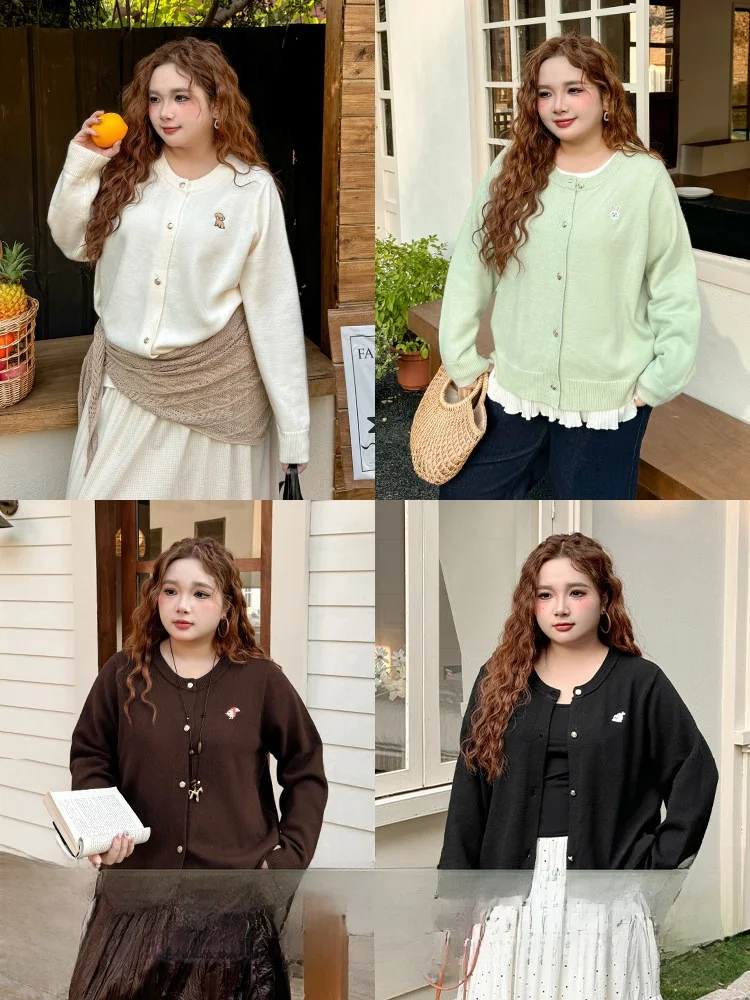 

plus Size Women's Dopane Knitted Sweater Spring Loose Cartoon Embroidery Soft Outerwear Cardigan Long Sve round Ne