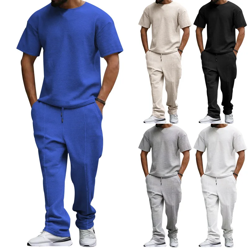 

European and American Men's Short Sleeved Long Pants Set, Heavyweight Waffle Oversize Round Neck Casual Set