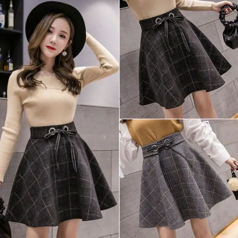 Woolen Plaid High Waist Skirt Women Korean Slim Mini A-line Lace up Ball Gown Skirt Autumn Winter Preppy Style Skort Female