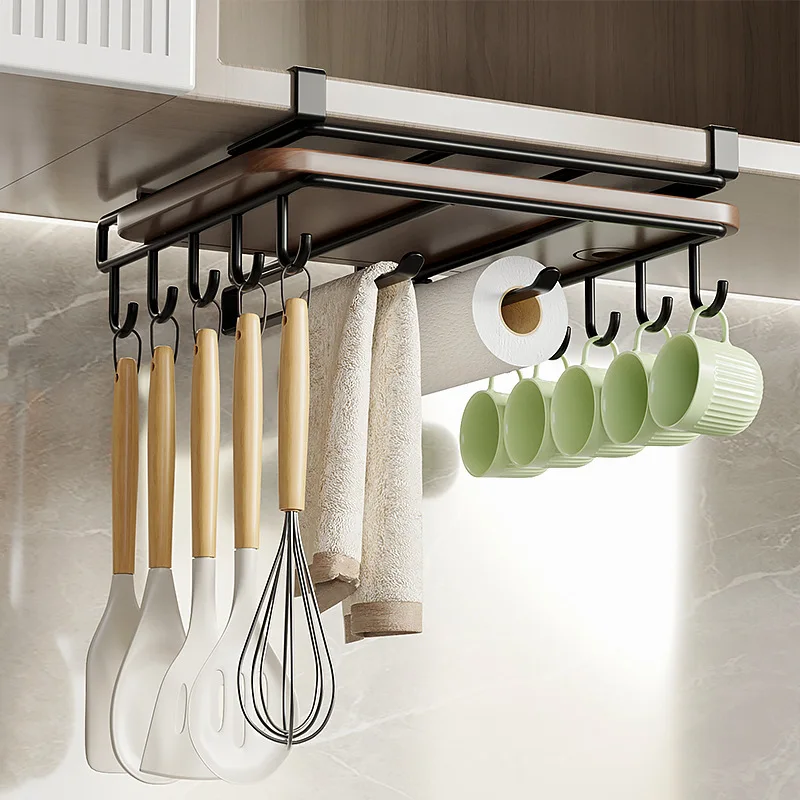 Kitchen Hanging Organizer Rack With Hooks Under Cupboard Paper Towel Rags Hanger Cutting Board Pot Cover Holder Storage Shelf