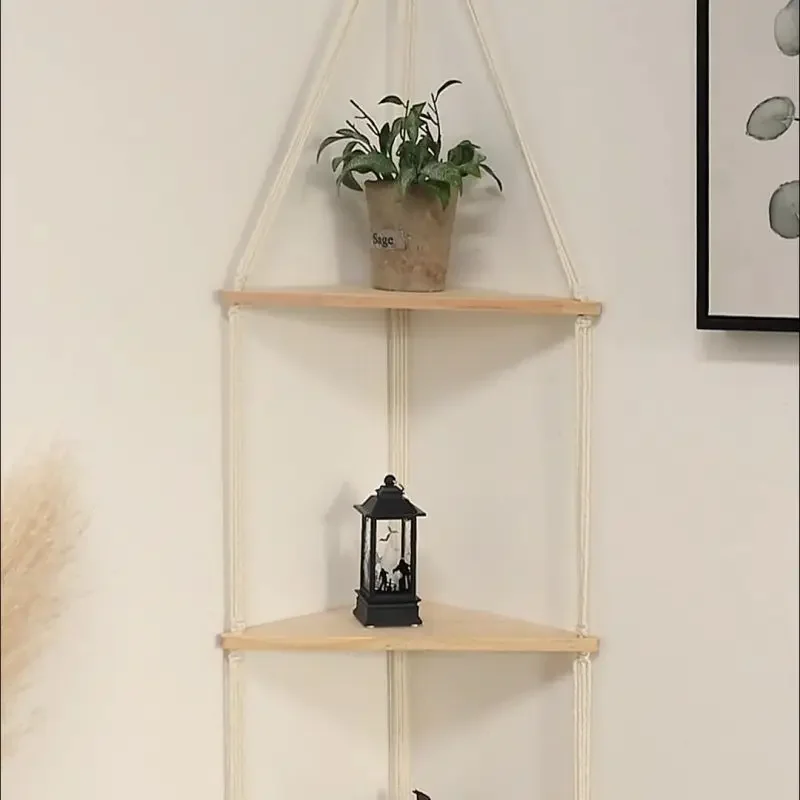 1 Set Wood Wall Shelf Macrame Swing Hanging Floating Display Shelves Hanging Wall Plant Corner Holder Stand For Simple Design