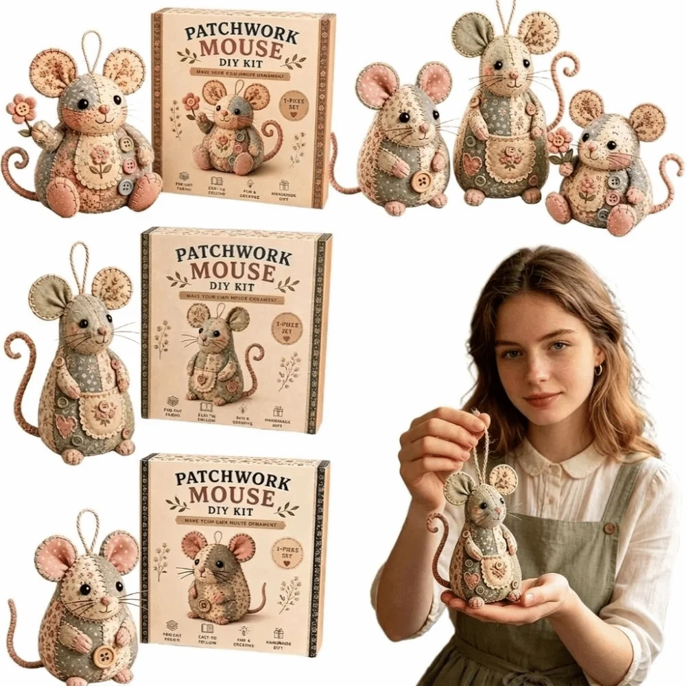 Handmade Patchwork Mouse Kit Step by Step Guide Pre Cut Fabric Mouse Sewing Kit Stuffing Included Buttons Included