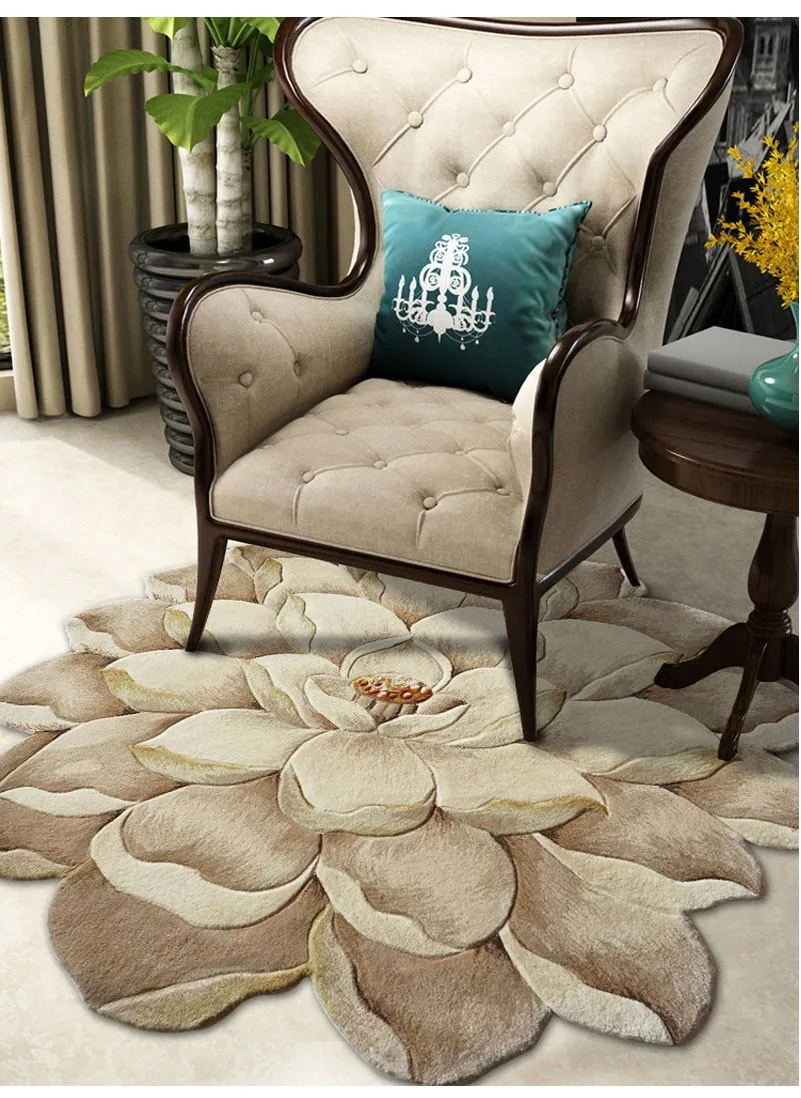 3D Lotus Flower Shaped Classical Handmade Thick Wool Carpet , Big Size Decoration Flower Round Area Rug