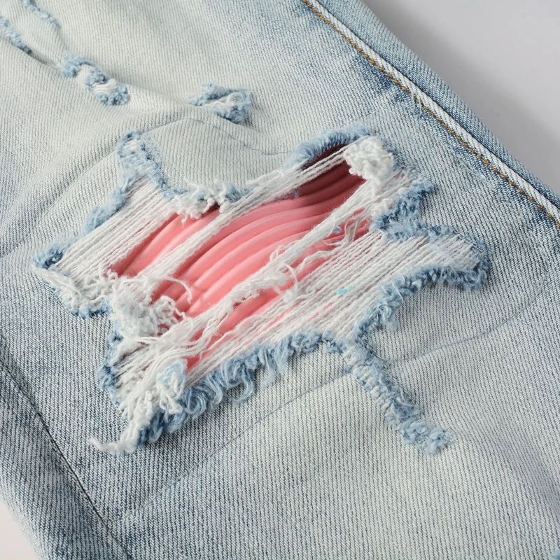 هاي ستريت أزياء الرجال الجينز الرجعية الضوء الأزرق الوردي مرقع تمتد نحيل صالح ممزق الجينز الرجال العلامة التجارية الهيب هوب Y2K الدنيم السراويل