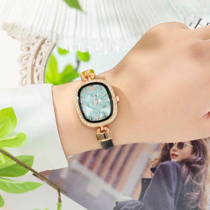 Women Oval Quartz Watch Luxury Diamond Inlaid Thin Leather Strap Vintage Forest Inspired Ladies Wristwatch Daily Wear Girl Gifts