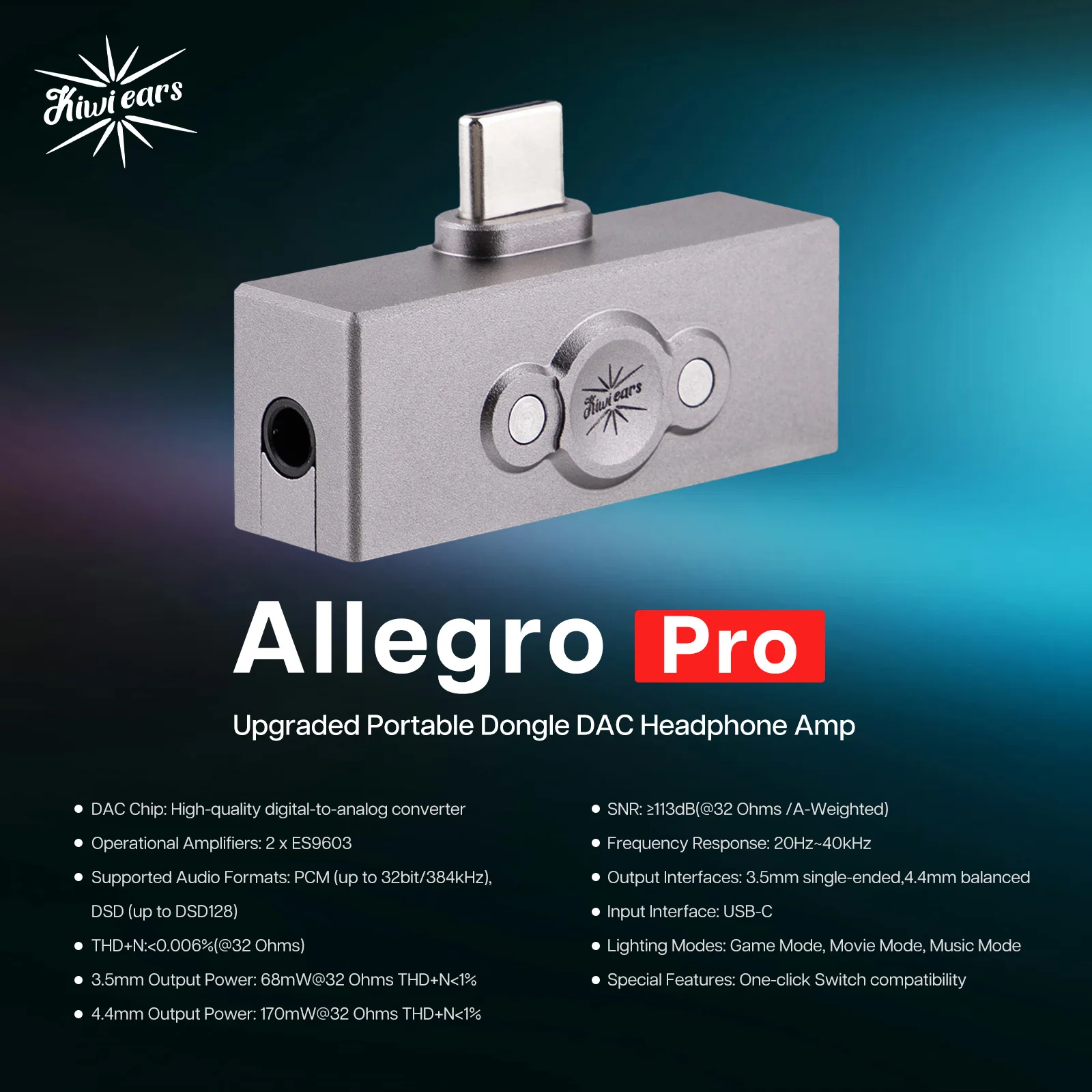 Linsoul Kiwi Ears Allegro Pro All-New Upgraded Dual ES9603 DAC/AMP with 3.5mm Single-Ended and 4.4mm Balanced Output