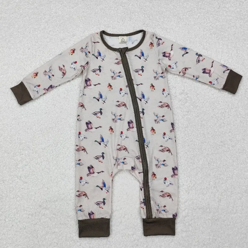 

8.20y Army Green Bamboo Baby Boys Romper Long Sleeve Zipper Onesie Wholesale Boutique Hunting Duck Design