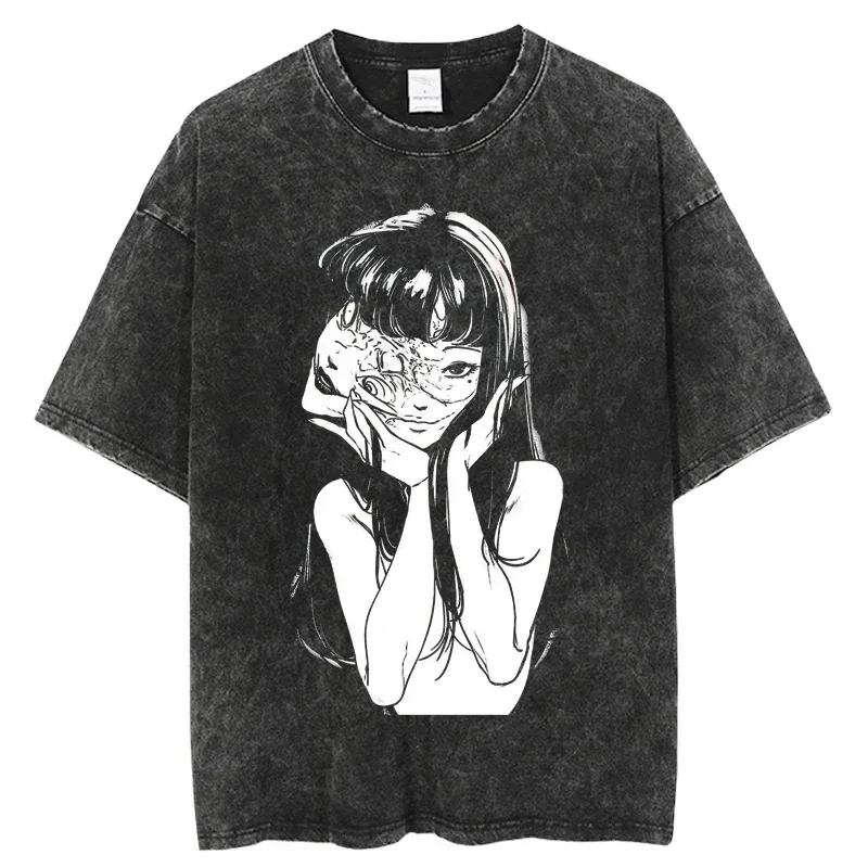 

Oversized acidic T-shirts for men and women, Thriller comic T-shirts, and washed Kawakami Tomie anime T-shirts