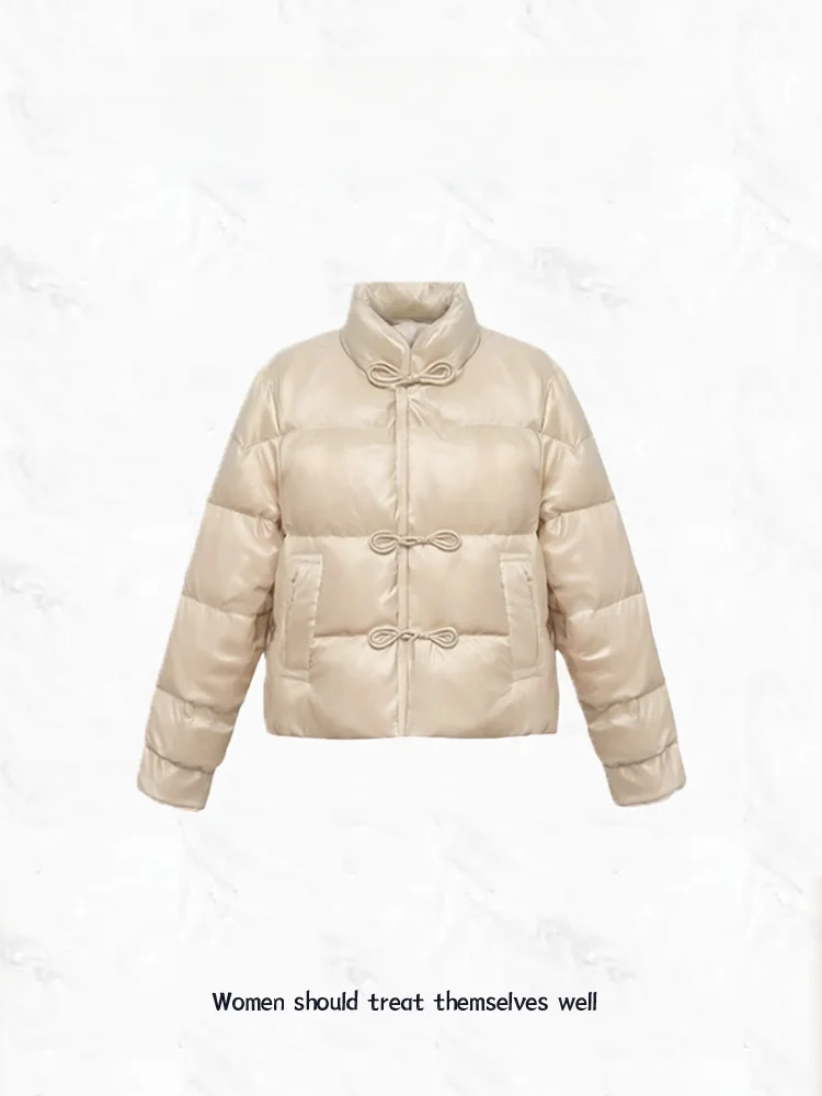 

Elegant Satin Short Puffer Jacket Women's Winter New Style Chinese National Style Button Stand Collar Coat Floral Embroidery
