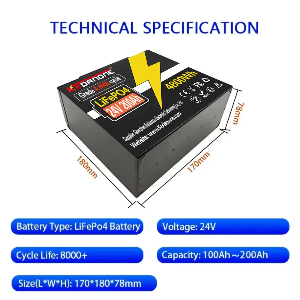 

24V 200AH LiFePO4 32700 Battery Built-in 120A BMS RV Rechargeable Lithium Iron Phosphate, Solar Marine Overland Off-Grid