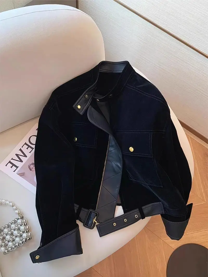 

New Retro Black Stand Up Collar Velvet Short Jacket Women's Spring Autumn Zipper Jacket Motorcycle Suit Spicy Girl Style