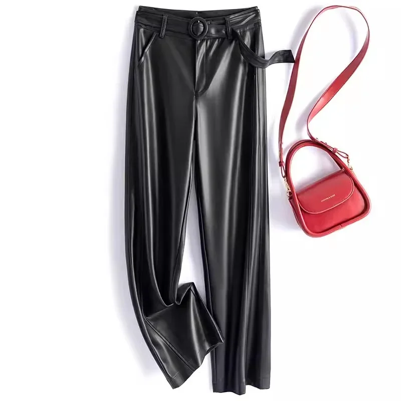 

2024 Black Pants Women Sheepskin Straight Pants Spring Autumn High Waist Belt Loose Real Leather Casual Trousers E3612