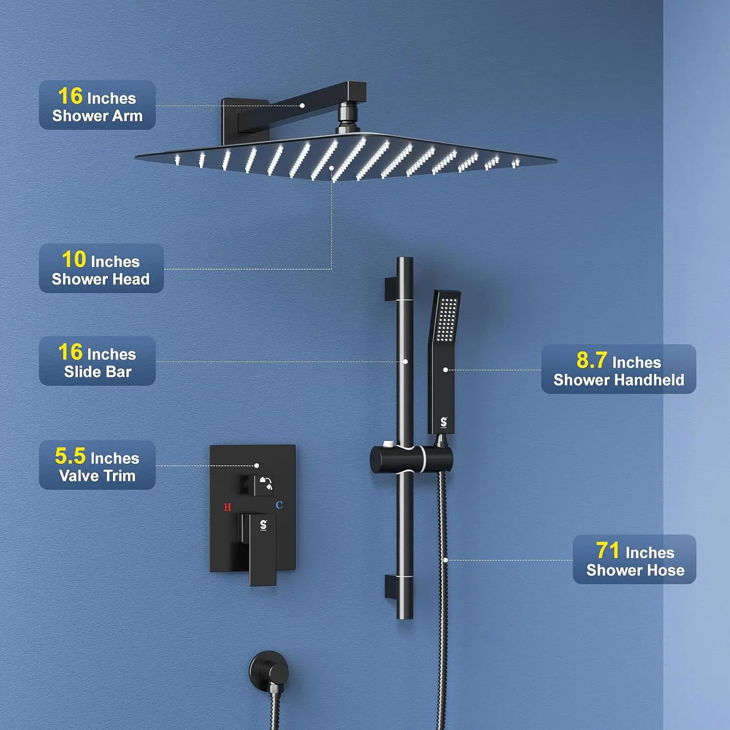 10 Inch Slide Bar Shower Faucet Luxury High Pressure Shower Heads and Handheld Spray Combo Set Wall