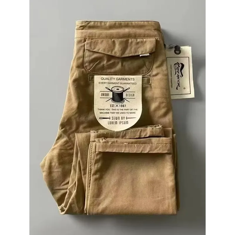 Durable Retro American Style Men's Work Trousers Straight Leg Casual Leisure Pants with Personality Button Pocket, Wear