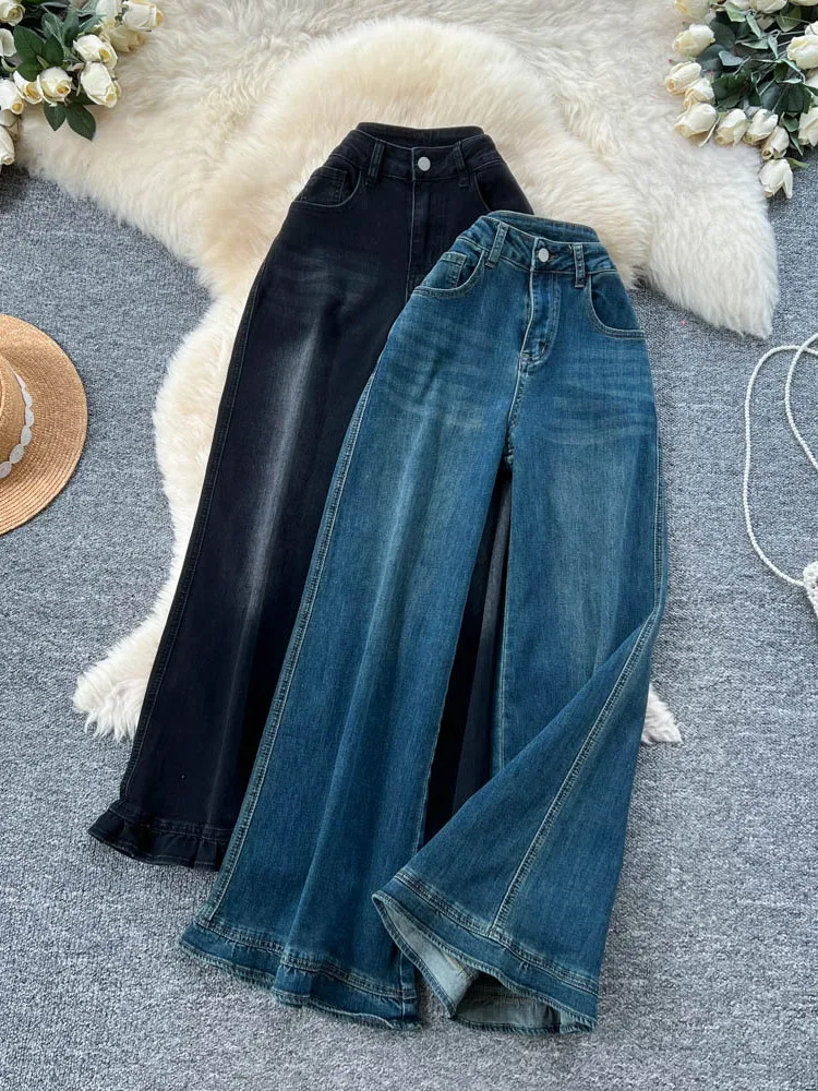 

Широкие джинсы с высокой талией в стиле ретро, женские джинсы с деревянными ушками, дизайн Sense of Faion, корейский Sle