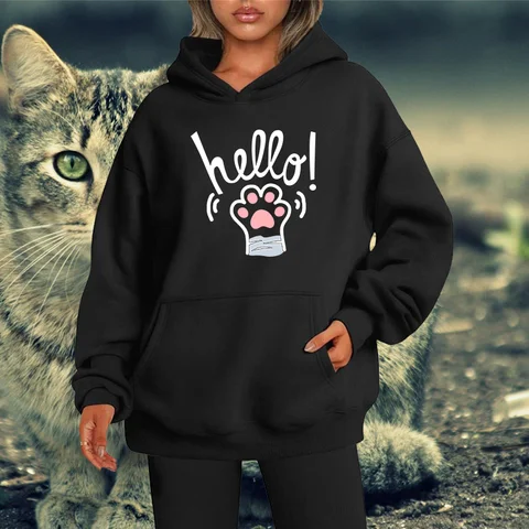 귀여운 고양이 발 프린트 맨투맨 여성 패션, 캐주얼 루즈 풀오버, 단색 스웨터 재킷, 가을 및 겨울