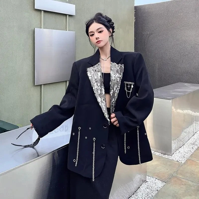 

Женский модный пиджак свободного кроя с подплечниками, пэчворком, пайетками и металлической цепью, коллекция Весна-Осень 2026