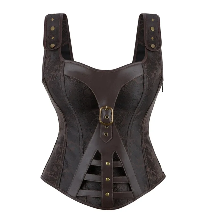 

Женский темно-коричневый винтажный кожаный корсет в стиле стимпанк, топ для похудения, формирователь боковой молнии с принтом, плечевой ремень, бюстье, жилет