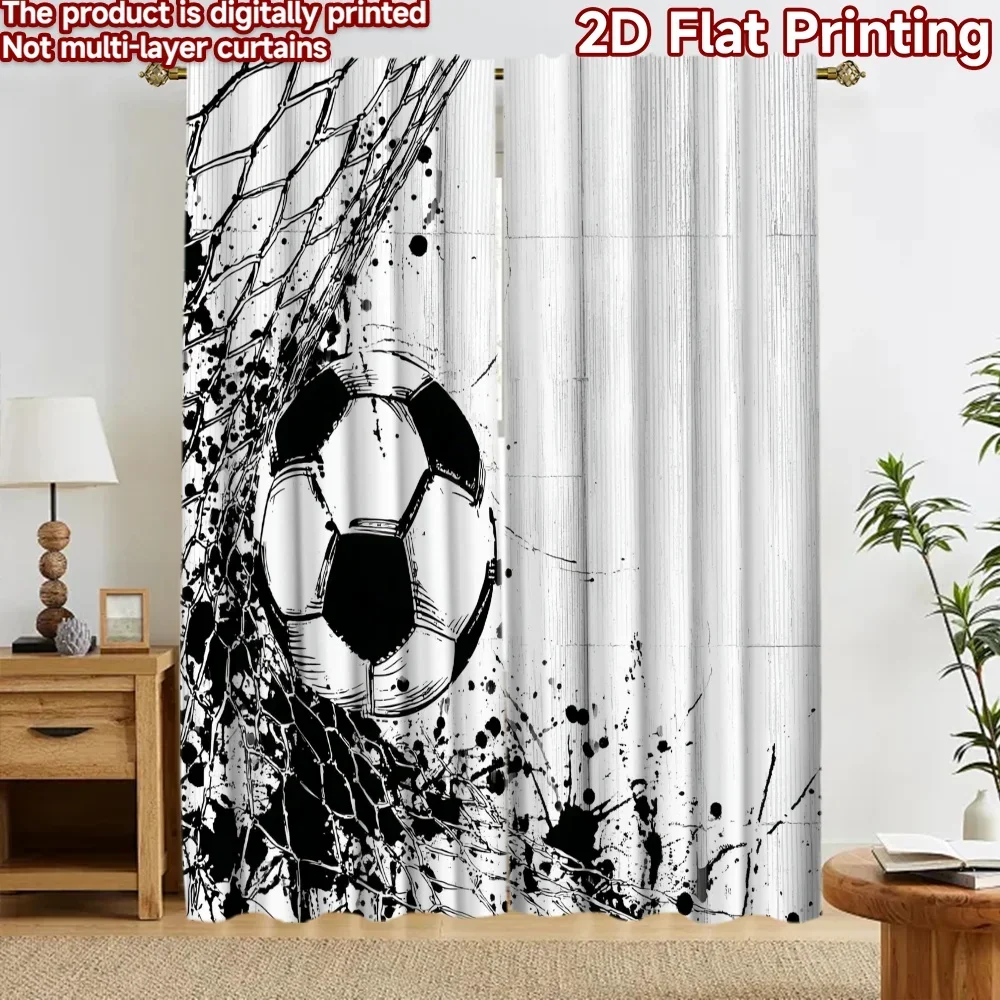 2pcs Abstract Football Soccer Ball Pattern Curtains Black White Sports Design Window Panel Pair for Living Room Decor