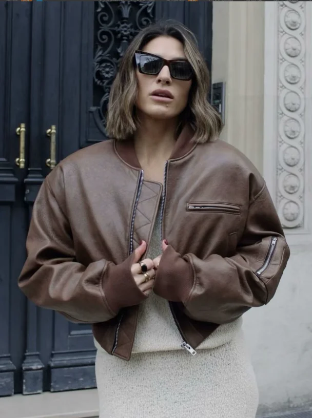 Vintage Leather Bomber Jacket Women Casual Zipper Pockets Long Sleeve Crop Jackets 2024 Autumn Lady High Street Outwears p1363
