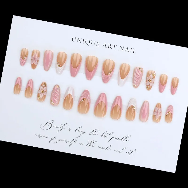 24 piezas de uñas postizas rosas francesas con decoración de flores 3D, en forma de almendra, acrílicas, artificiales, reutilizables, para uñas 5