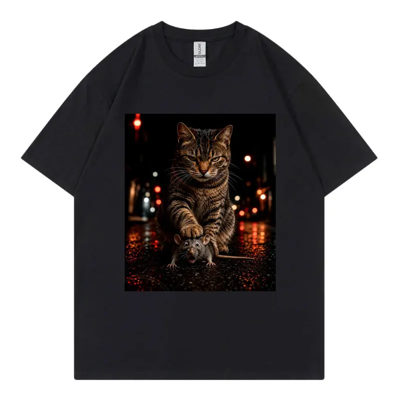 Funny Cat Catch Mouse Meme Graphic T Shirts Men Women Casual Comfort 100%cotton T-shirts High Quality Fashion Oversized T-shirt