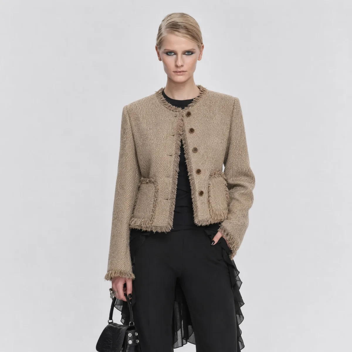 IG 2026 Women's Round Neck Fringe Trim Tweed Cropped Jacket, Single Breasted   Long Sleeve Vintage Elegant Short Blazer Coat