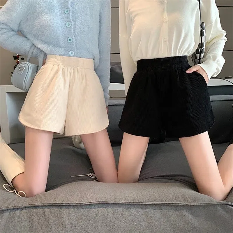 High Waist Corduroy Shorts Women's Autumn Winter Slim A-Line Pants Small Size Outerwear Bootleg Pants Korean Style Elastic Waist