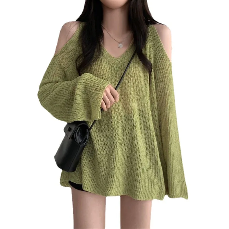Korean off-the-shoulder design sense 2023 spring/summer new lazy sexy outside with wind striped sweater V-neck hollow