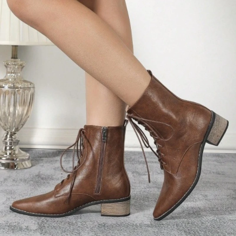 

Autumn New Brown Pointed Toe Chunky Heel Women's Short Boots British Style Lace-up Zipper High Heel Ankle Boots Botas Para Mujer
