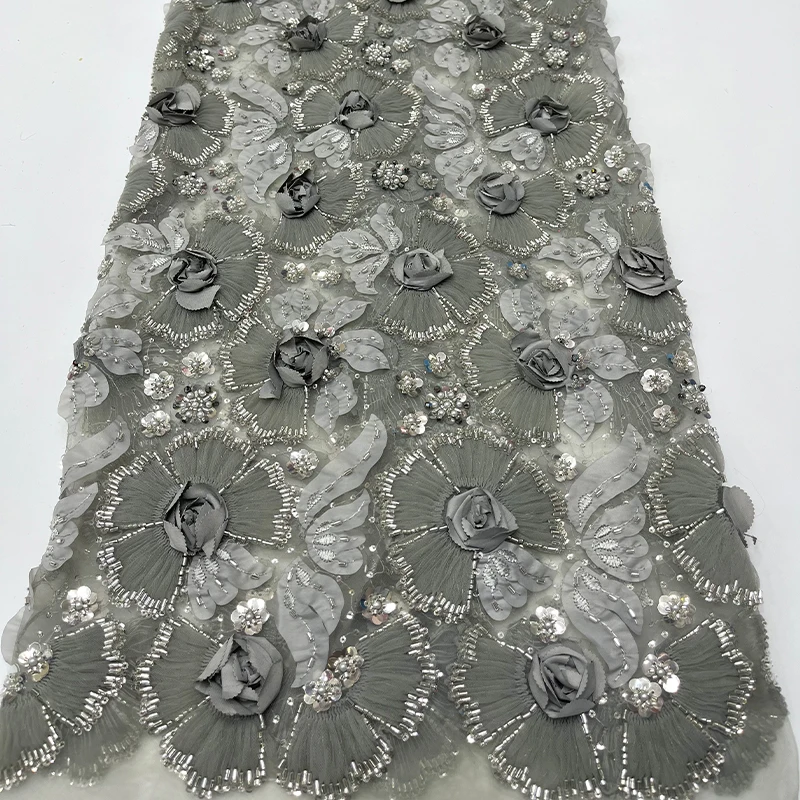 Malla de encaje de lujo francés, lentejuelas rosas tridimensionales africanas, lentejuelas, vestido de tela de encaje bordado de alta calidad