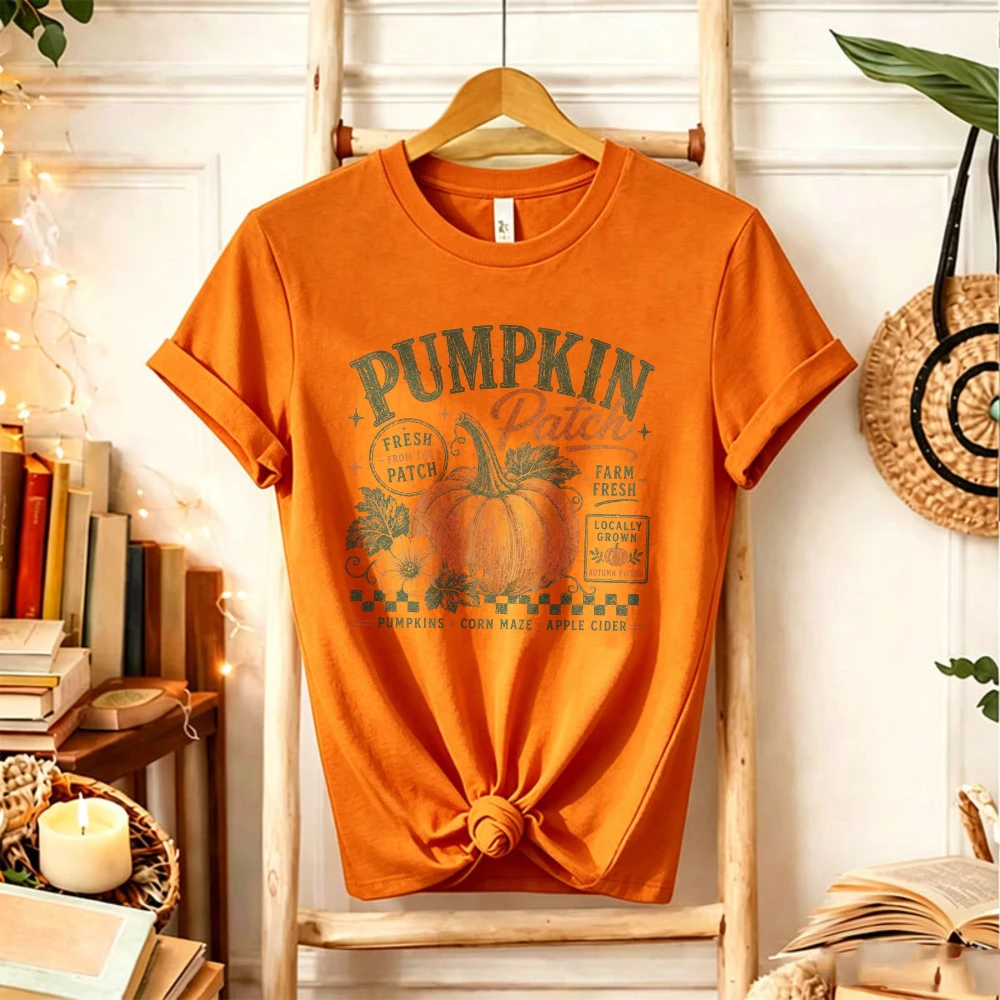 Pumpkin Patch Graphic T‑Shirt Farm Fresh Pumpkin Flower Checkered Pattern Distressed Letter Autumn Harvest Holiday Casual Tops