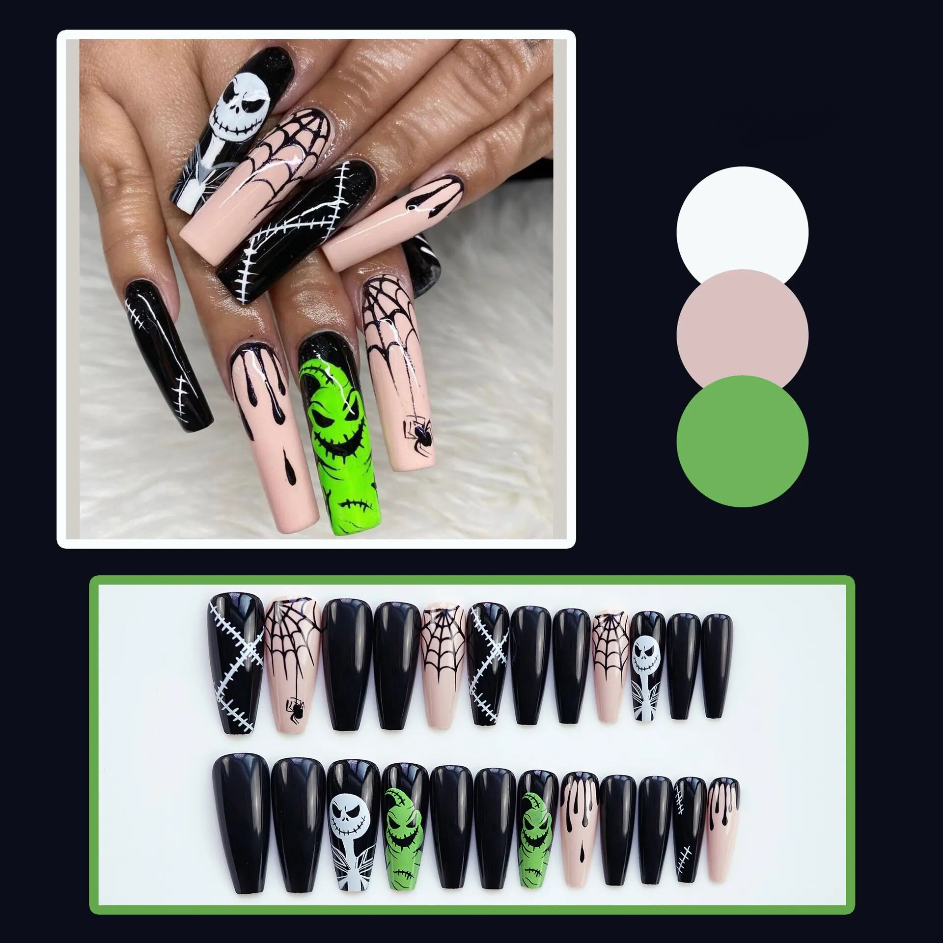 24 pcs yellow and green skull long T coffin fake nail piece Halloween Festival black wear nail press on nails