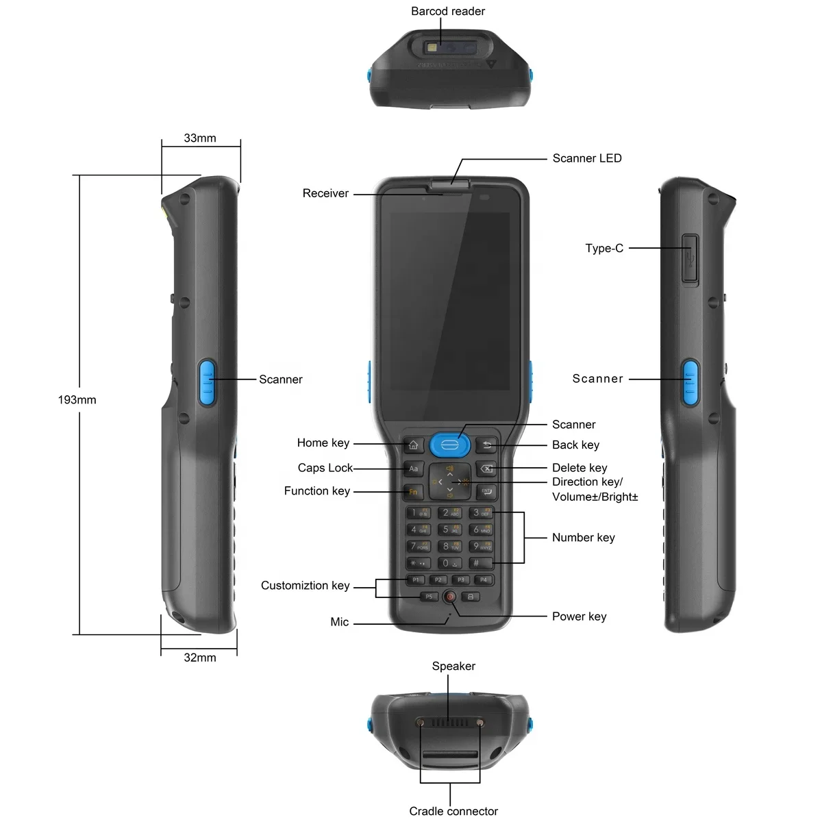 Android 12 Handheld PDA Anti-Fog Function optional 12M Long Distance 2D Scanner 4G Memory Wi-Fi Rugged Data Collector