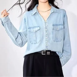 2024 Summer Women's Casual Fashion Elegant Commuting Solid Color Loose Button Pocket Retro Chinese Style Long Sleeve Shirt