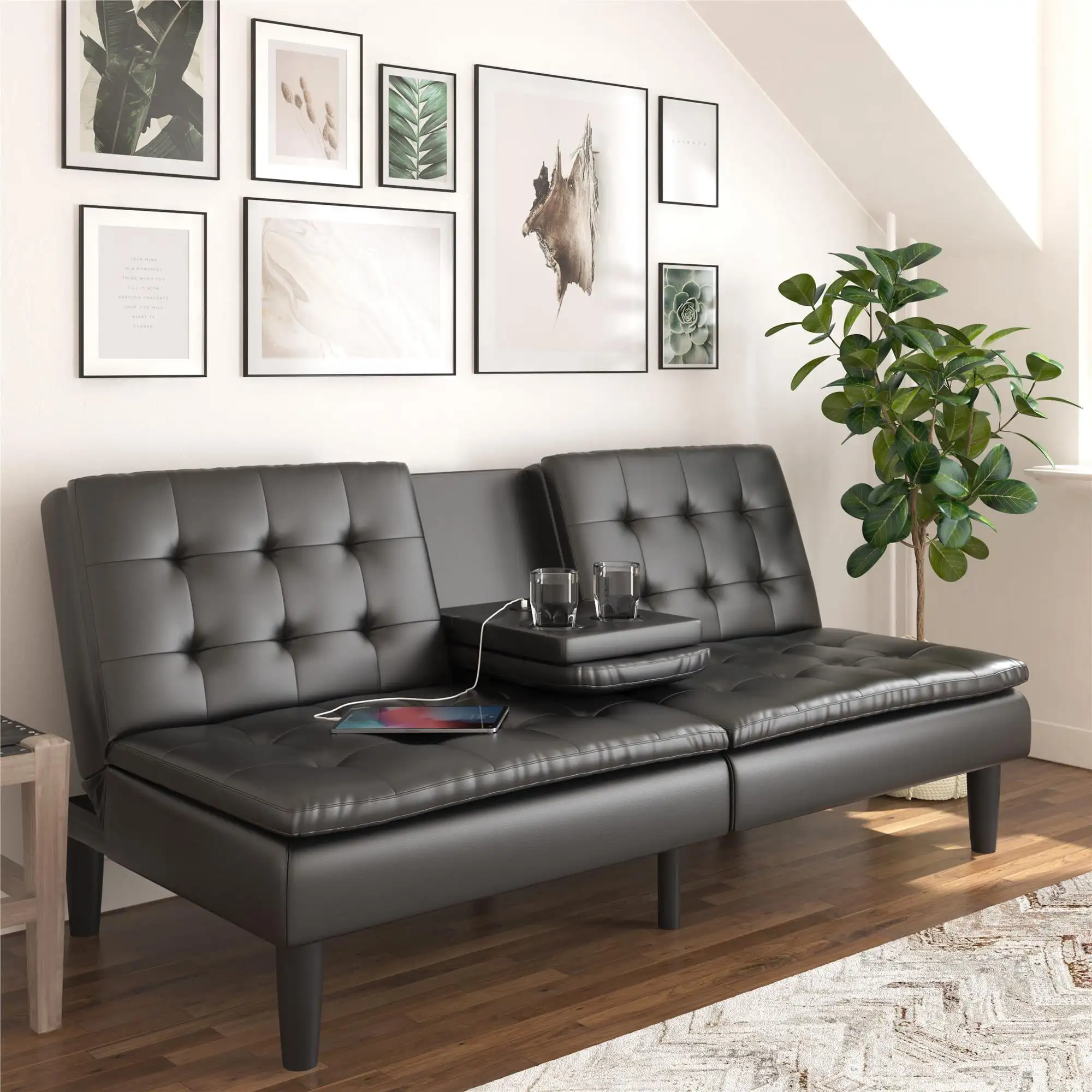 

Memory Foam Futon with Cupholder and USB, Black Faux Leather