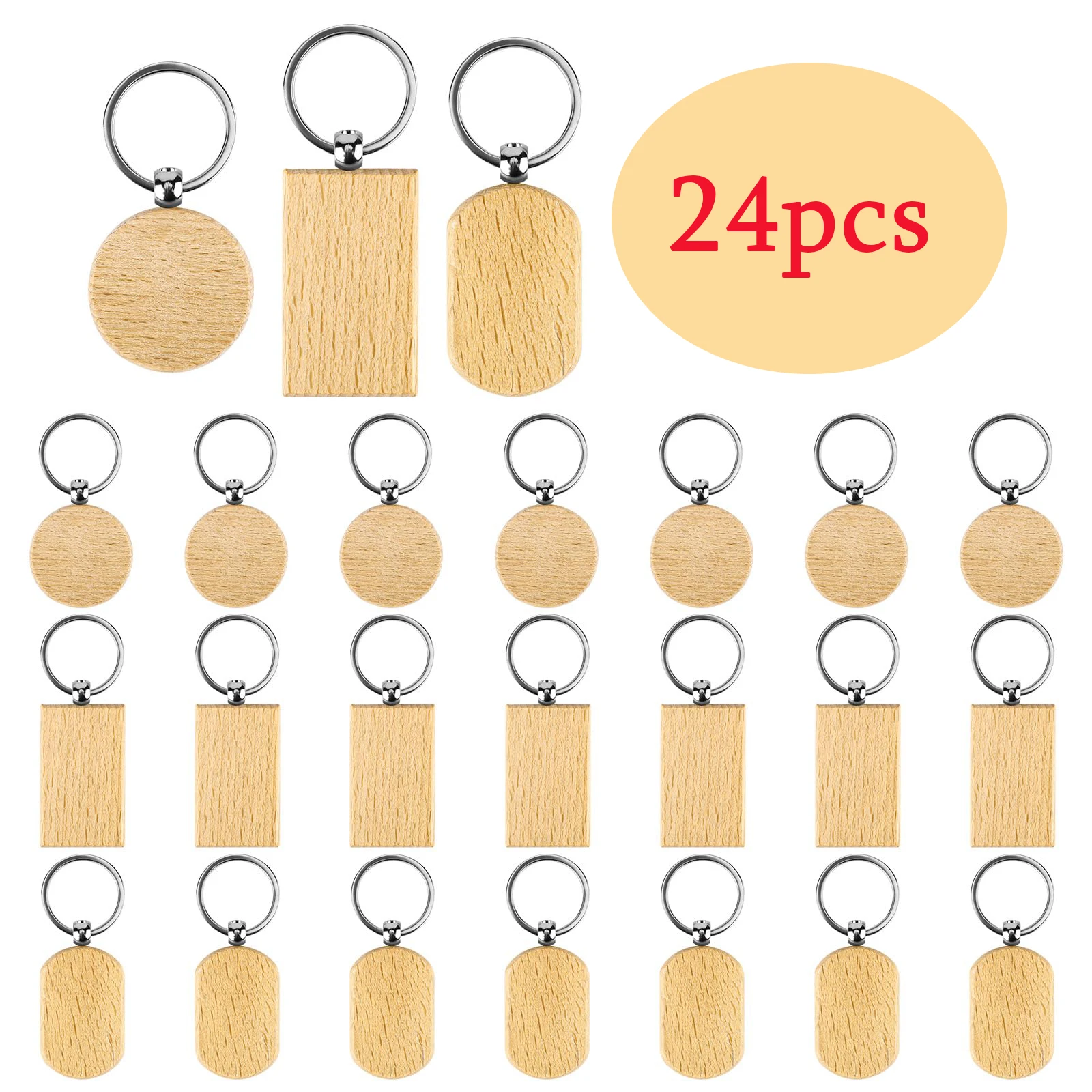 

24pcs Blank Wood Tags Keychains Keyrings with Wooden Pendants Wood Accessories Gift