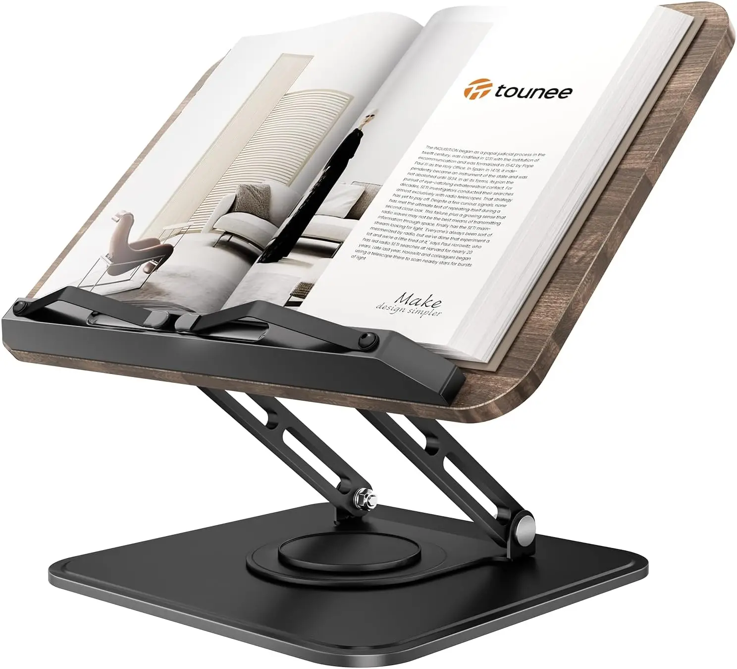 360° Rotating Book Stand, Adjustable Hands-Free Reading Holder, Foldable Desktop Recipe Stand with Page Clips - Black