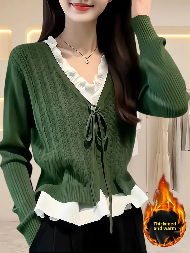 

Loose Knitted Open Cardigan Soft Cozy Outerwear Fake Two-Piece Sle Winter Warm Casual Sweater Vintage Sle Long Sve V-Ne