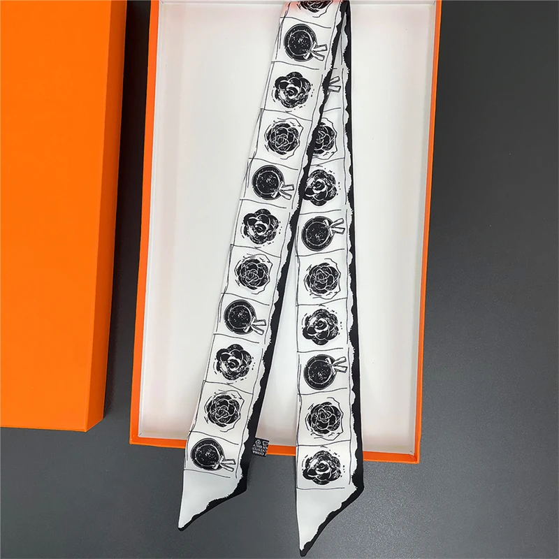 Long Silk Scarf For Women Luxury Hairband Black And White Plain Color Print Wrap Bag Ribbon Fashion Foulard Women\'s Headscarf