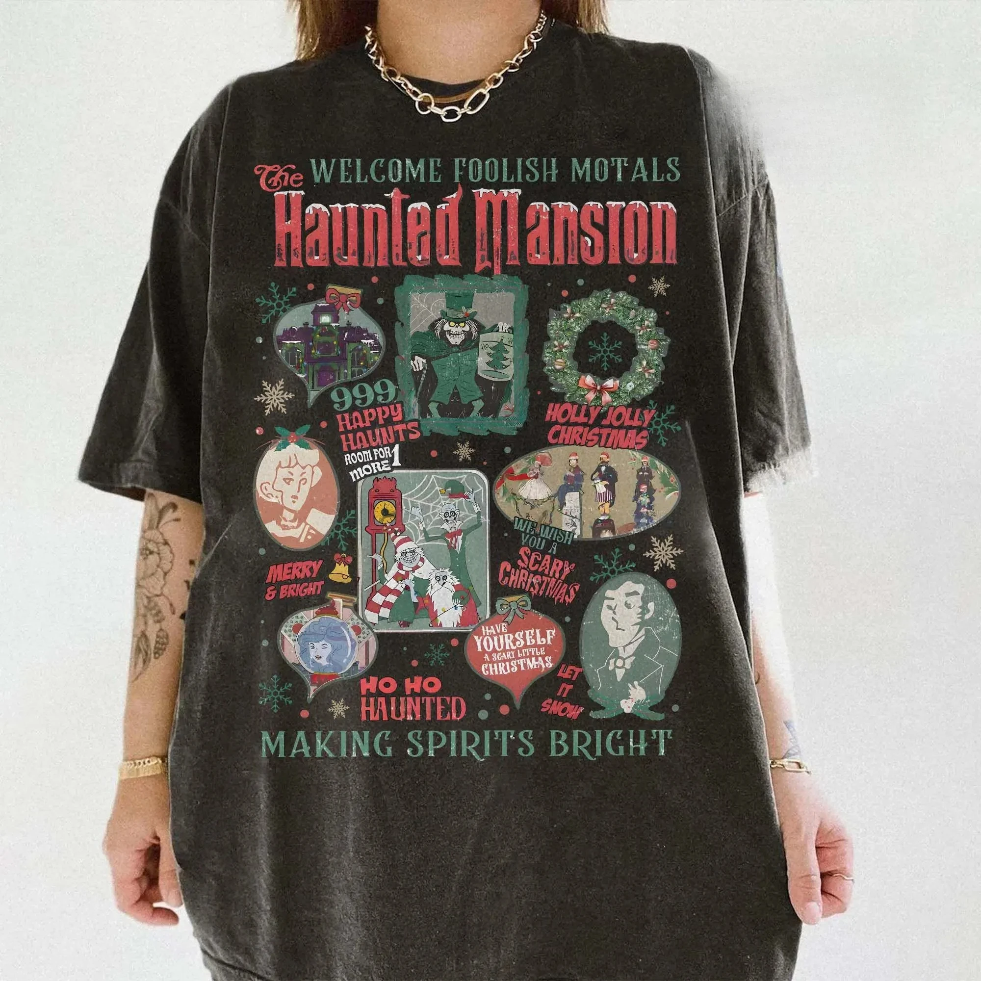 

Retro Disney Haunted House Fool Christmas Family T-shirt, Mickey and His Friends Light Up The Christmas Atmosphere with Disney
