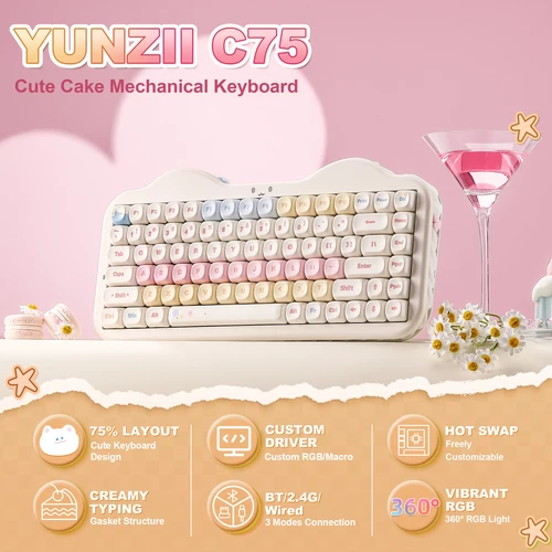 Imagen 2 del producto Teclado Mecánico Inalámbrico YUNZII C75, Teclado RGB Personalizado de 75% con Interruptores de Reemplazo en Caliente, Diseño de Pastel, para Win/Mac/Juegos