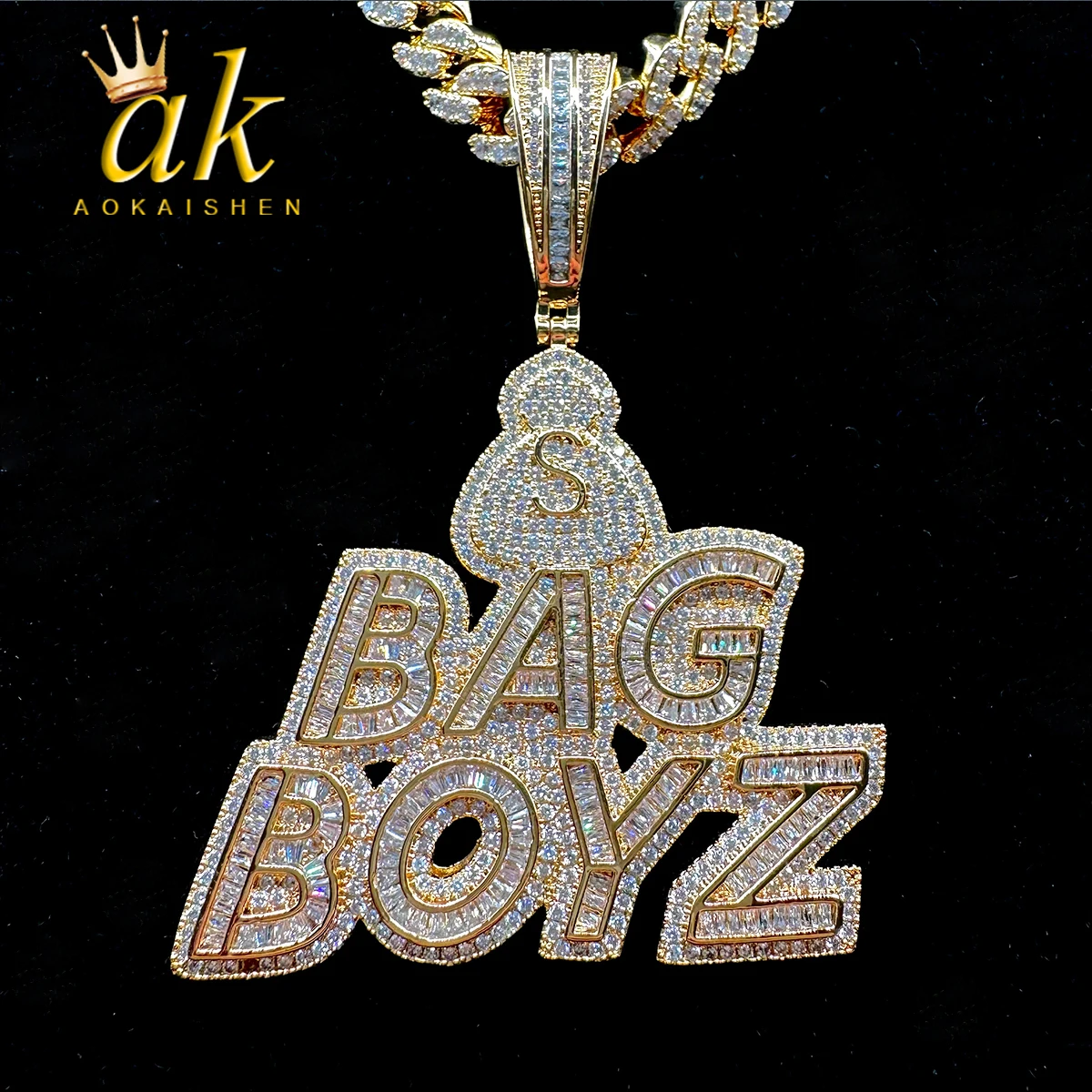 Aokaishen Jewelry Iced Out Necklace for Women Prong Setting Charms BAG BOYZ Pendant Hip Hop Jewelry