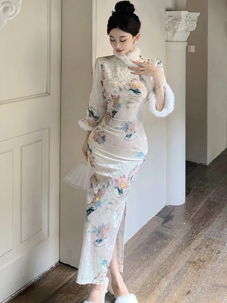 Robe longue en velours à fleurs, col Faux, élégante, coréenne, moulante, robe de bal, mode luxe, Festival, automne hiver 2025