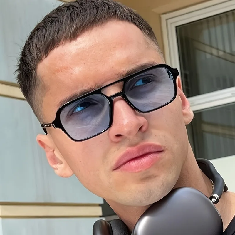 1pcs Men's Square Double-bridge Glasses PC Frame, Light Blue Lenses, Ideal Daily Accessory & Gift