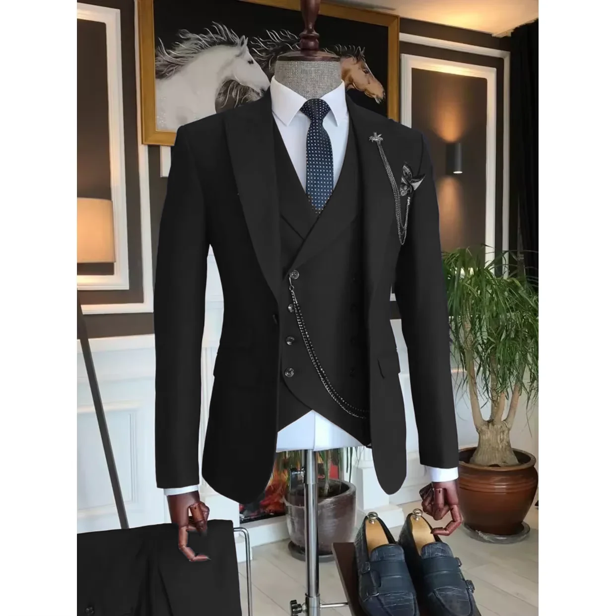 Luxury Blazer Men Suits Navy Blue Single Breasted Shawl Lapel Slim Fit Business Casual Wedding Jacket Pants Vest Three Piece