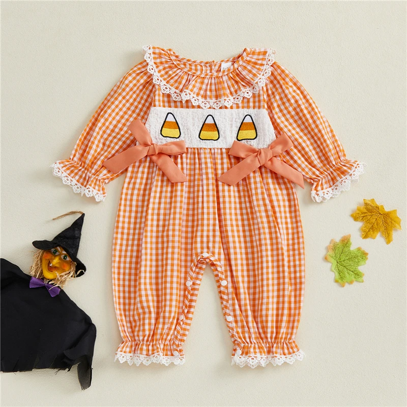 Mameluco de Halloween para bebé recién nacido, mono de manga larga con cuello redondo y encaje a cuadros bordados para otoño