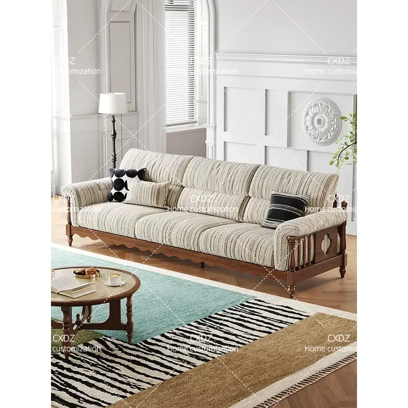 Medieval Fabric Sofa Removable Washable Retro Living Room Couch Straight 3 Seater Solid Wood Frame for Small Apartment