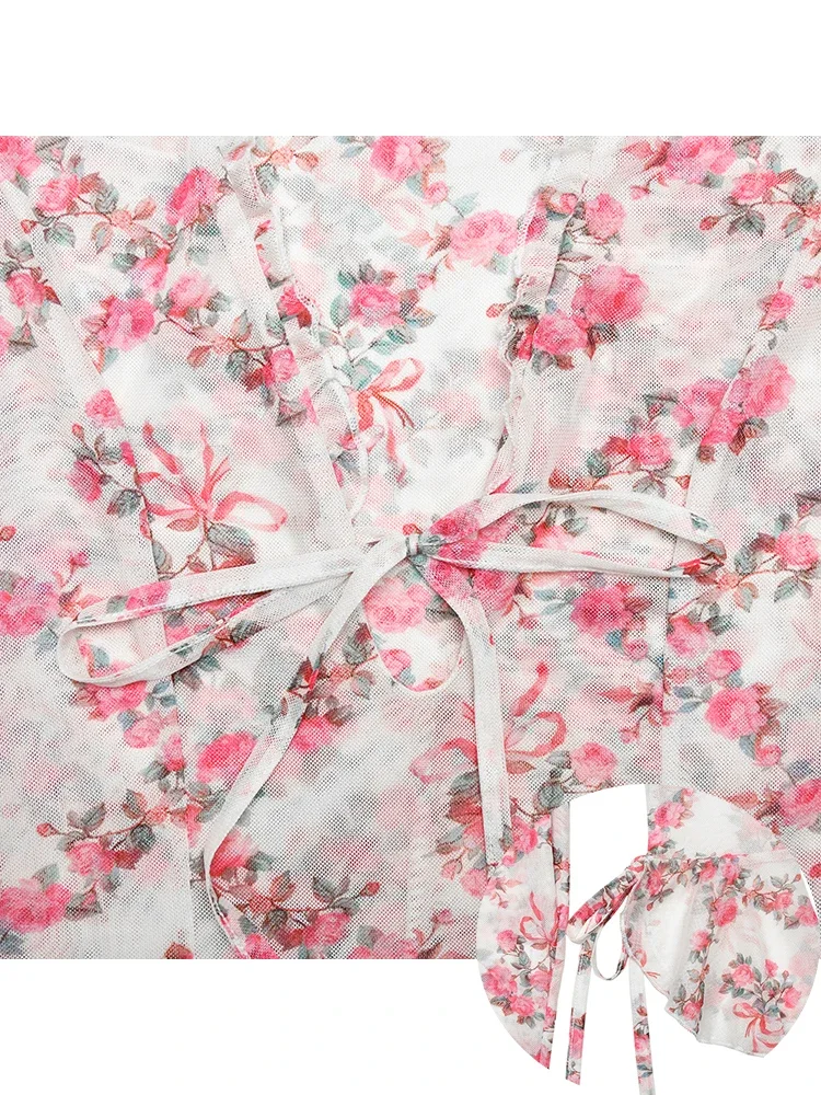 ดอกไม้โบว์พิมพ์ SHEER ตาข่าย Patchwork ชุดมินิสําหรับผู้หญิงตัดลึก V คอ Flare Sleeve ชุดเซ็กซี่ Elegant Partywear